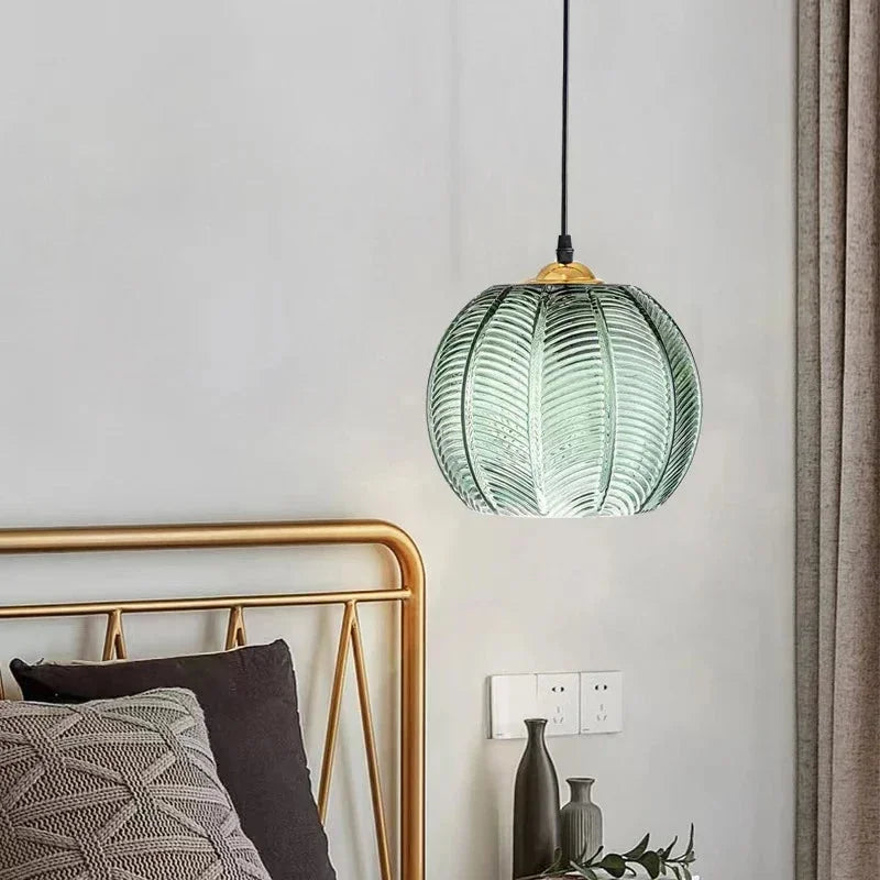 Ribbed Glass Pendant Lamp – Retro Green Hanging Light