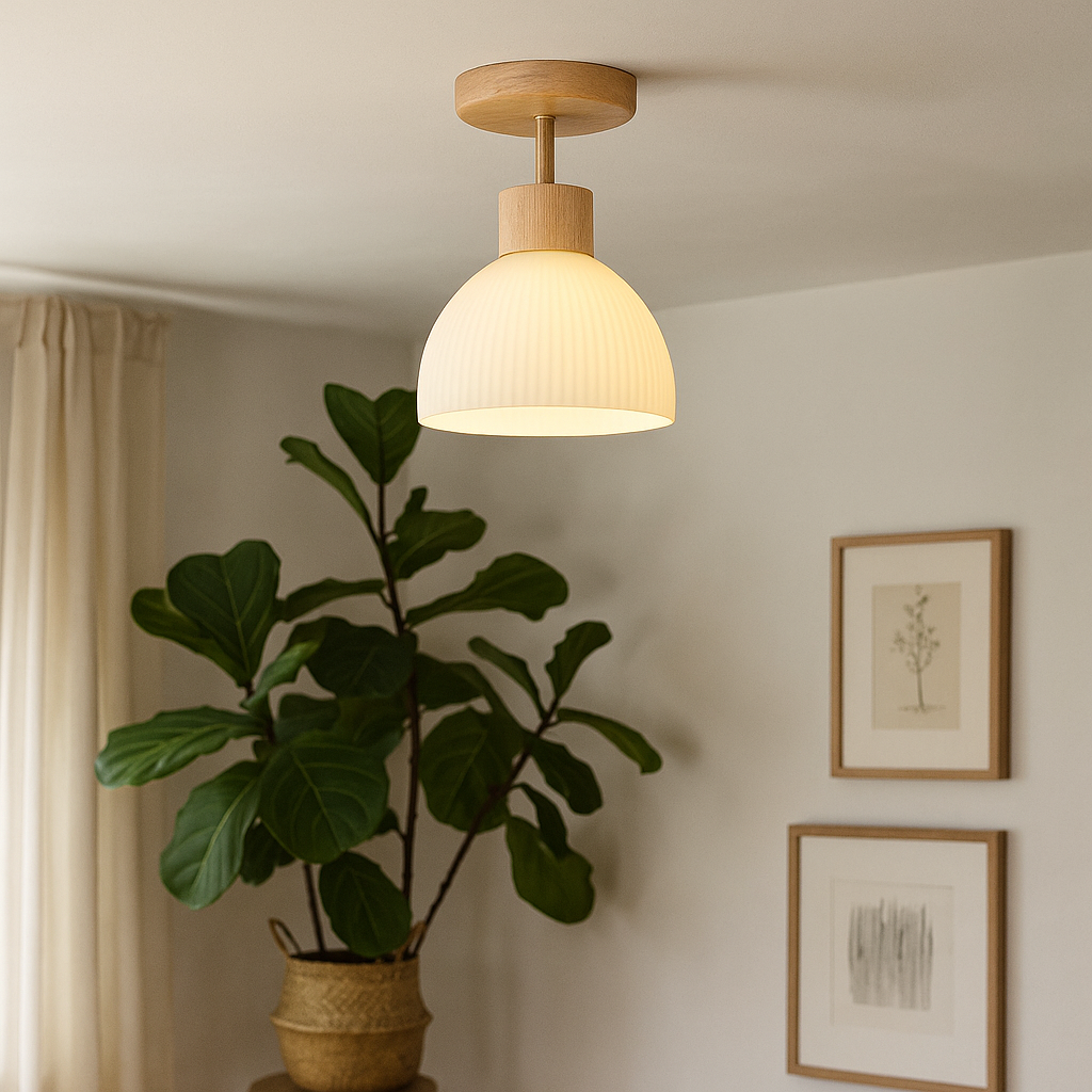 Wood & Glass Ceiling Lamp – Natural LED Flush Mount