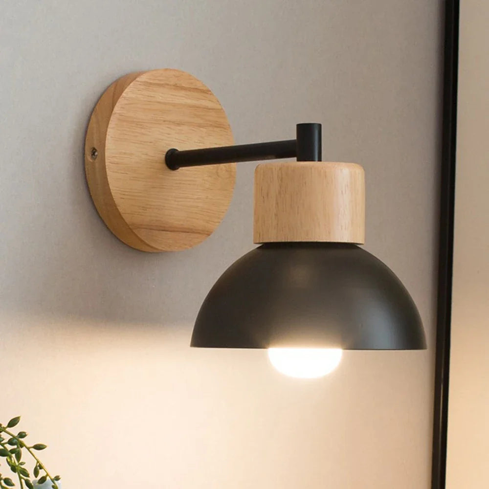 Wood & Metal Wall Lamp – Nordic Bedside Sconce
