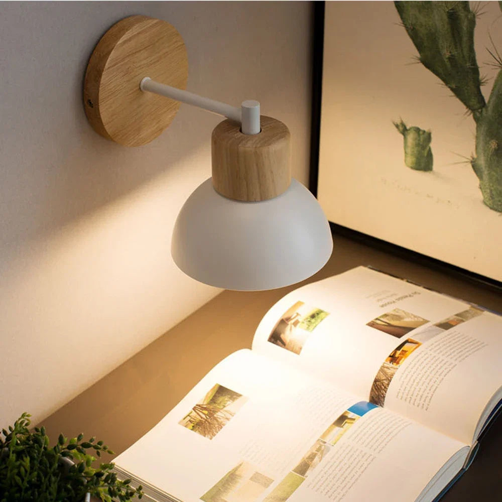 Wood & Metal Wall Lamp – Nordic Bedside Sconce