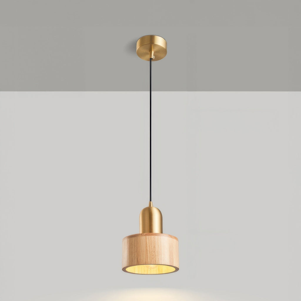 Cylinder Pendant Light – Walnut & Brass Hanging Lamp