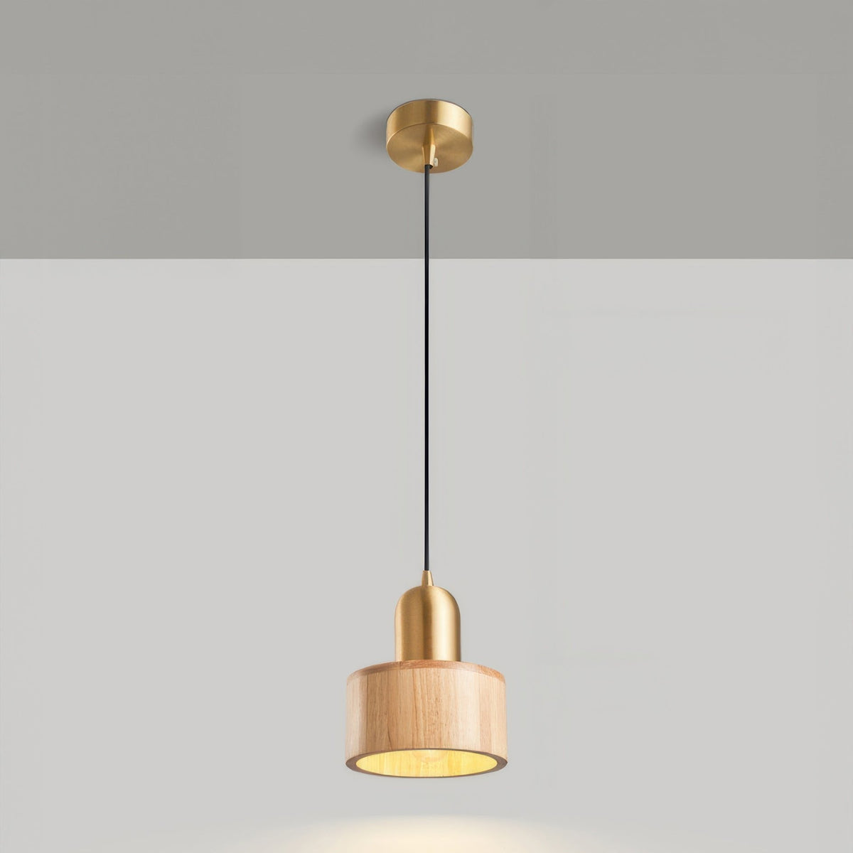 Cylinder Pendant Light – Walnut & Brass Hanging Lamp