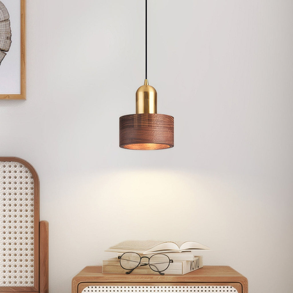 Cylinder Pendant Light – Walnut & Brass Hanging Lamp