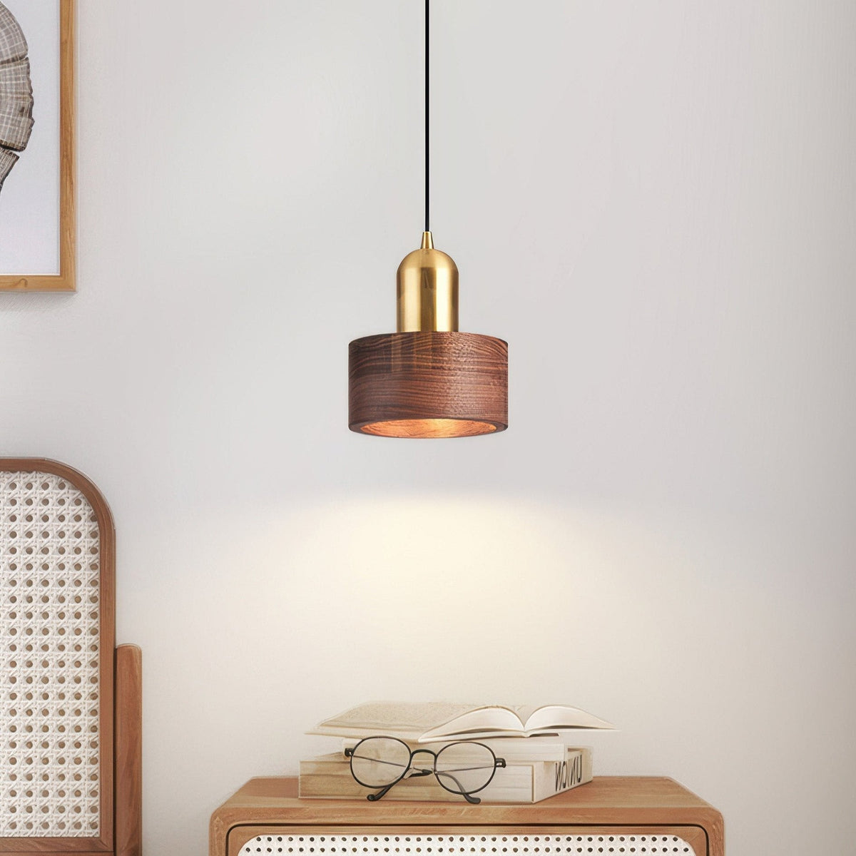 Cylinder Pendant Light – Walnut & Brass Hanging Lamp