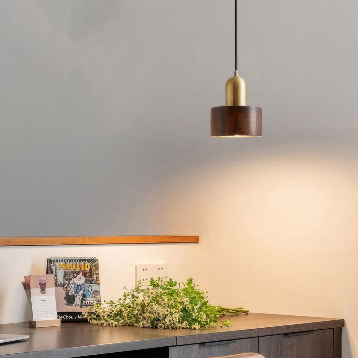 Cylinder Pendant Light – Walnut & Brass Hanging Lamp
