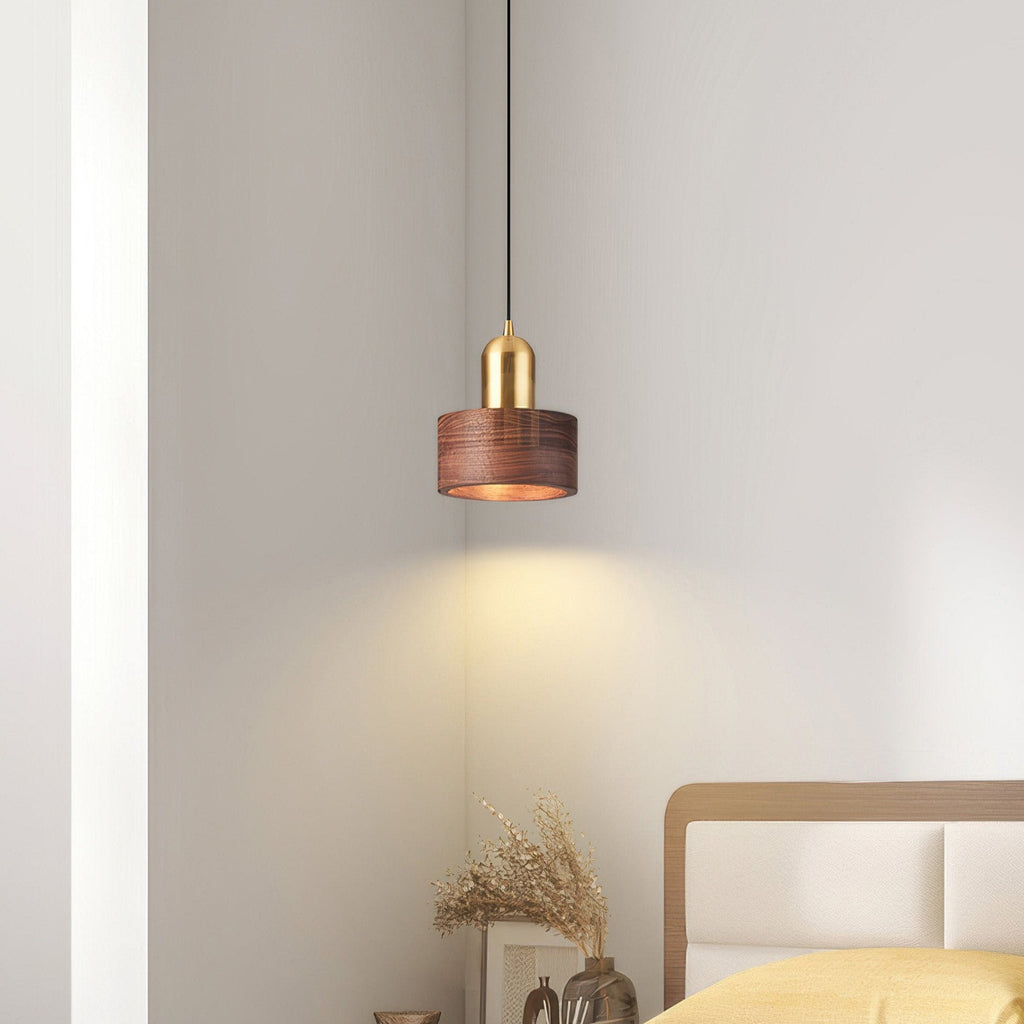 Cylinder Pendant Light – Walnut & Brass Hanging Lamp