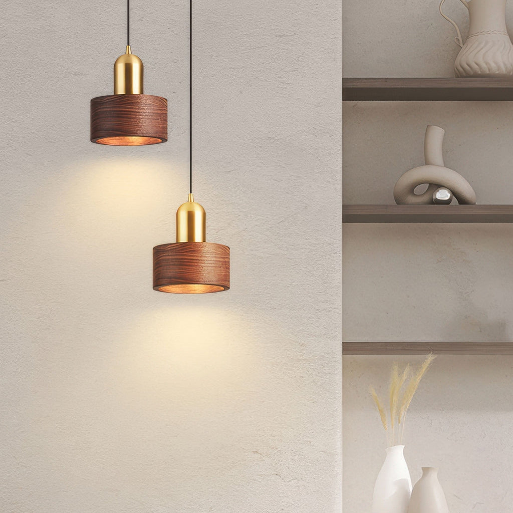 Cylinder Pendant Light – Walnut & Brass Hanging Lamp