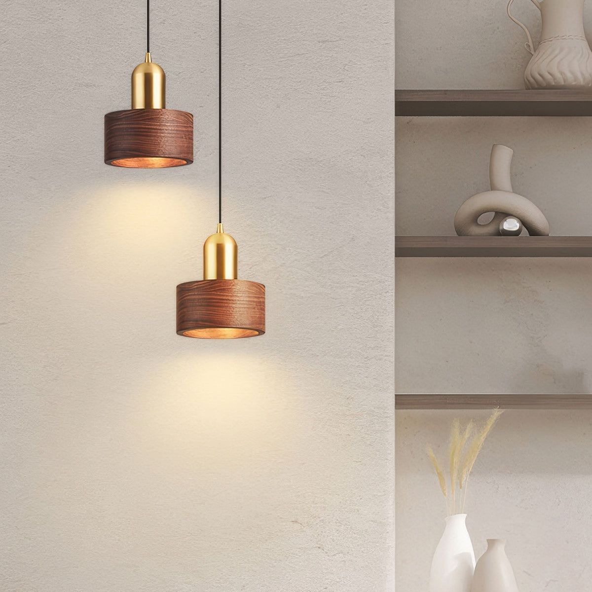 Cylinder Pendant Light – Walnut & Brass Hanging Lamp