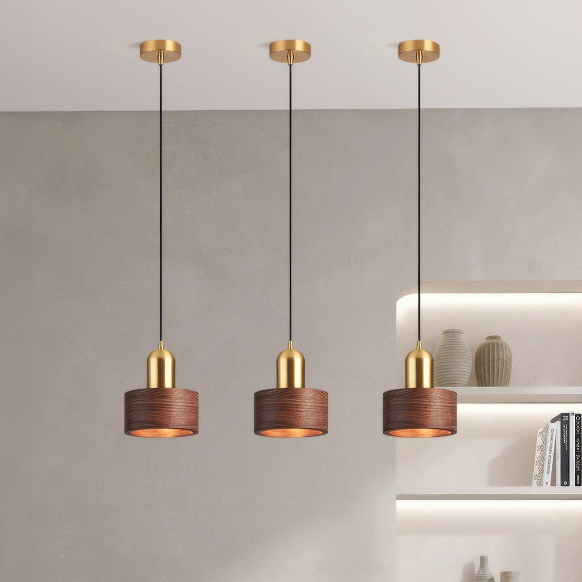 Cylinder Pendant Light – Walnut & Brass Hanging Lamp