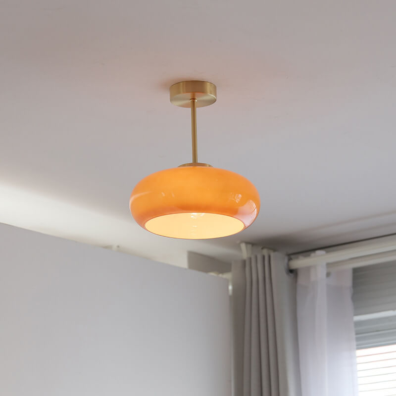 Brass Ceiling Light – Vintage Amber Glass Semi-Flush Mount