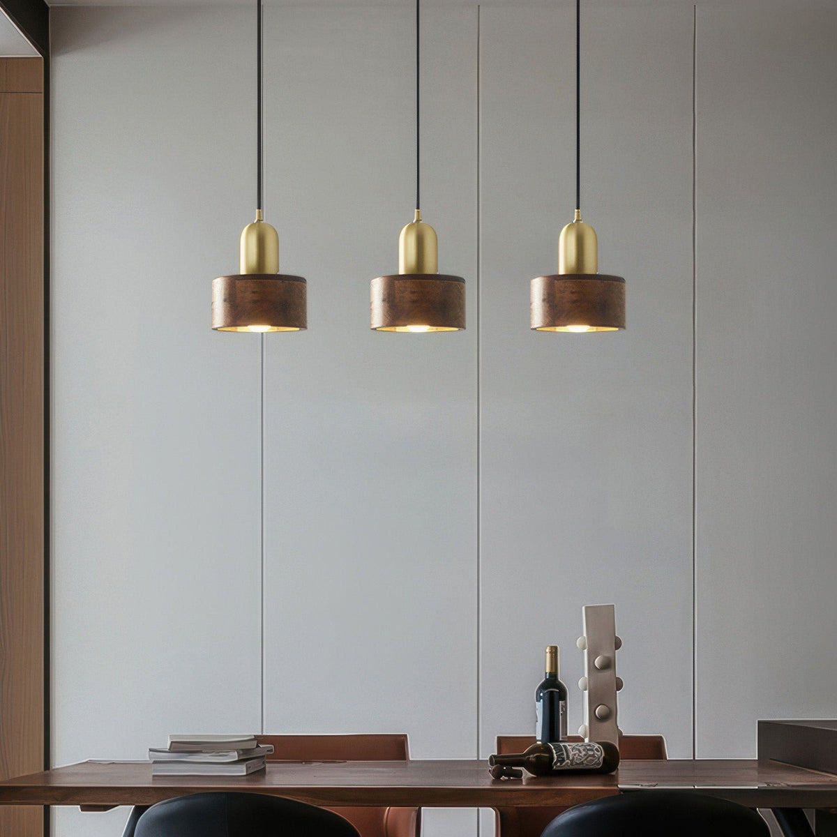 Cylinder Pendant Light – Walnut & Brass Hanging Lamp