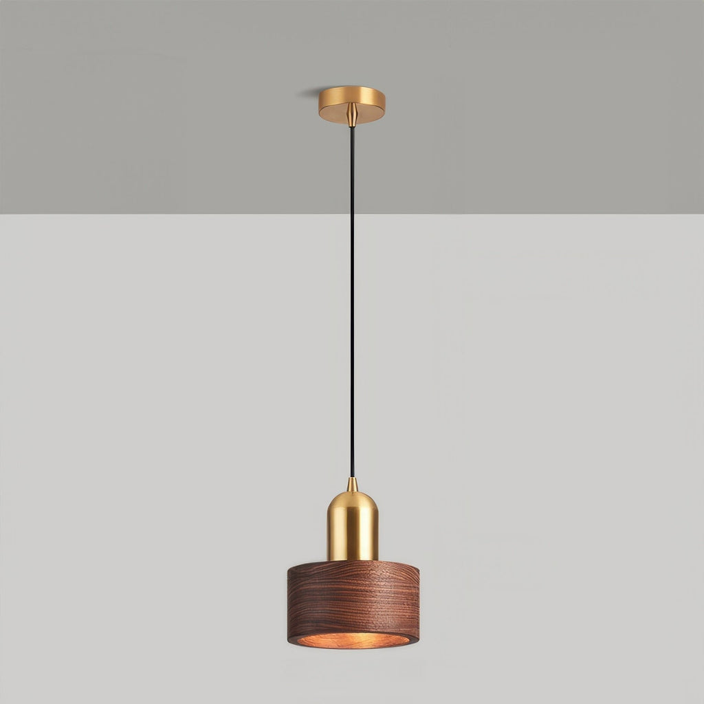 Cylinder Pendant Light – Walnut & Brass Hanging Lamp