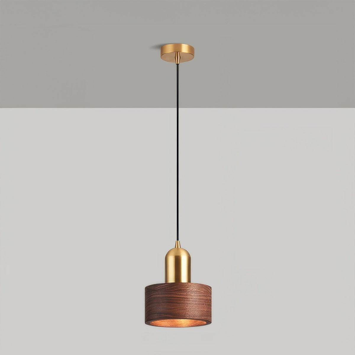 Cylinder Pendant Light – Walnut & Brass Hanging Lamp