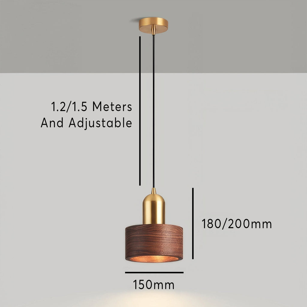 Cylinder Pendant Light – Walnut & Brass Hanging Lamp