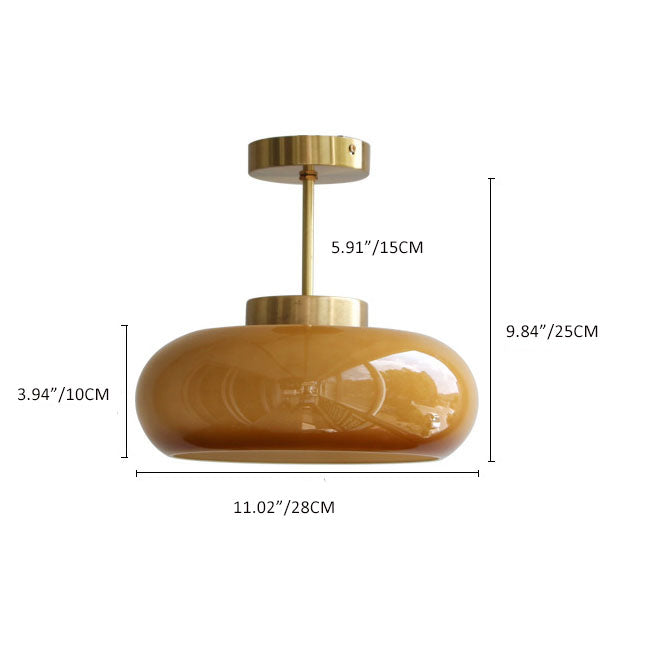 Brass Ceiling Light – Vintage Amber Glass Semi-Flush Mount