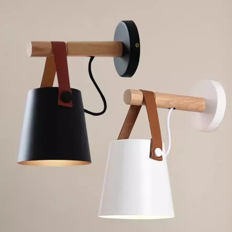 Wood & Leather Wall Lamp – Hanging Bedside Sconce