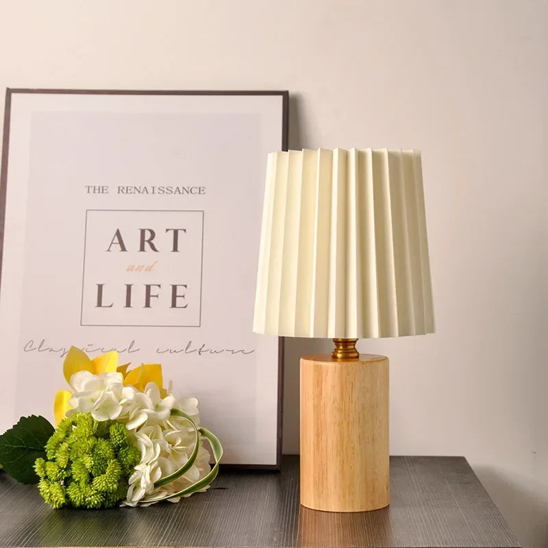 Pleated Table Lamp – Nordic Wood Base Bedside Light