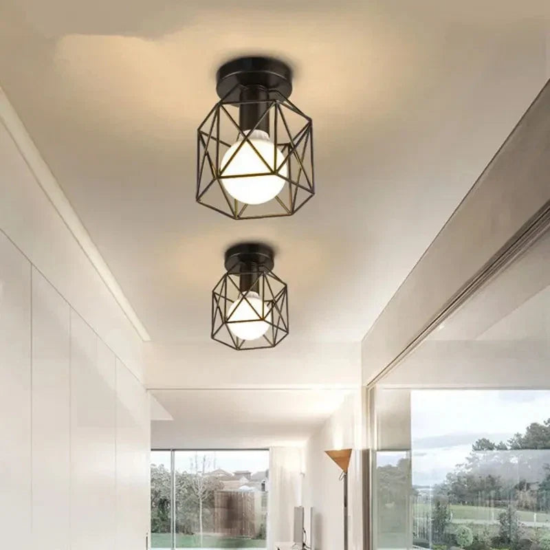 Gold Ceiling Light – Geometric Metal Cage Fixture
