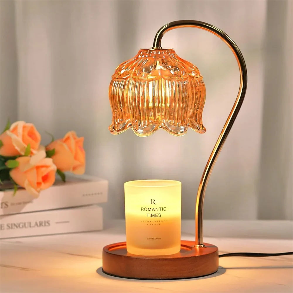 Candle Warmer Lamp – Retro Glass Shade, Wood Base
