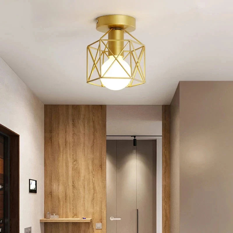 Gold Ceiling Light – Geometric Metal Cage Fixture