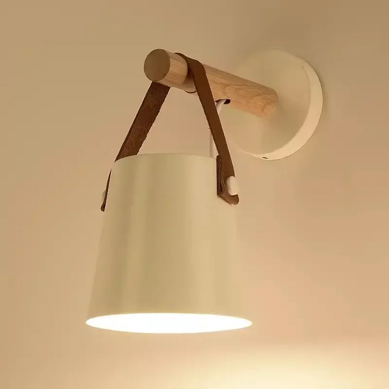 Wood & Leather Wall Lamp – Hanging Bedside Sconce