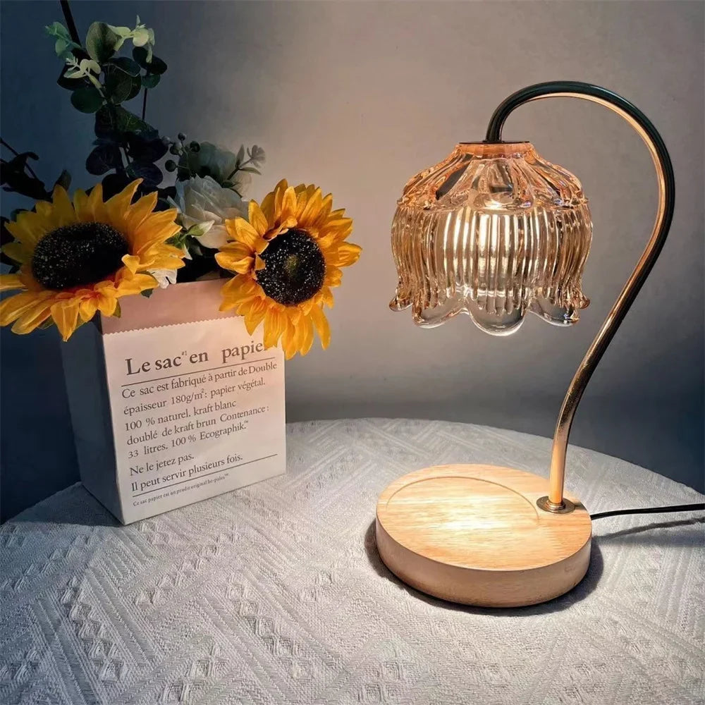 Candle Warmer Lamp – Retro Glass Shade, Wood Base
