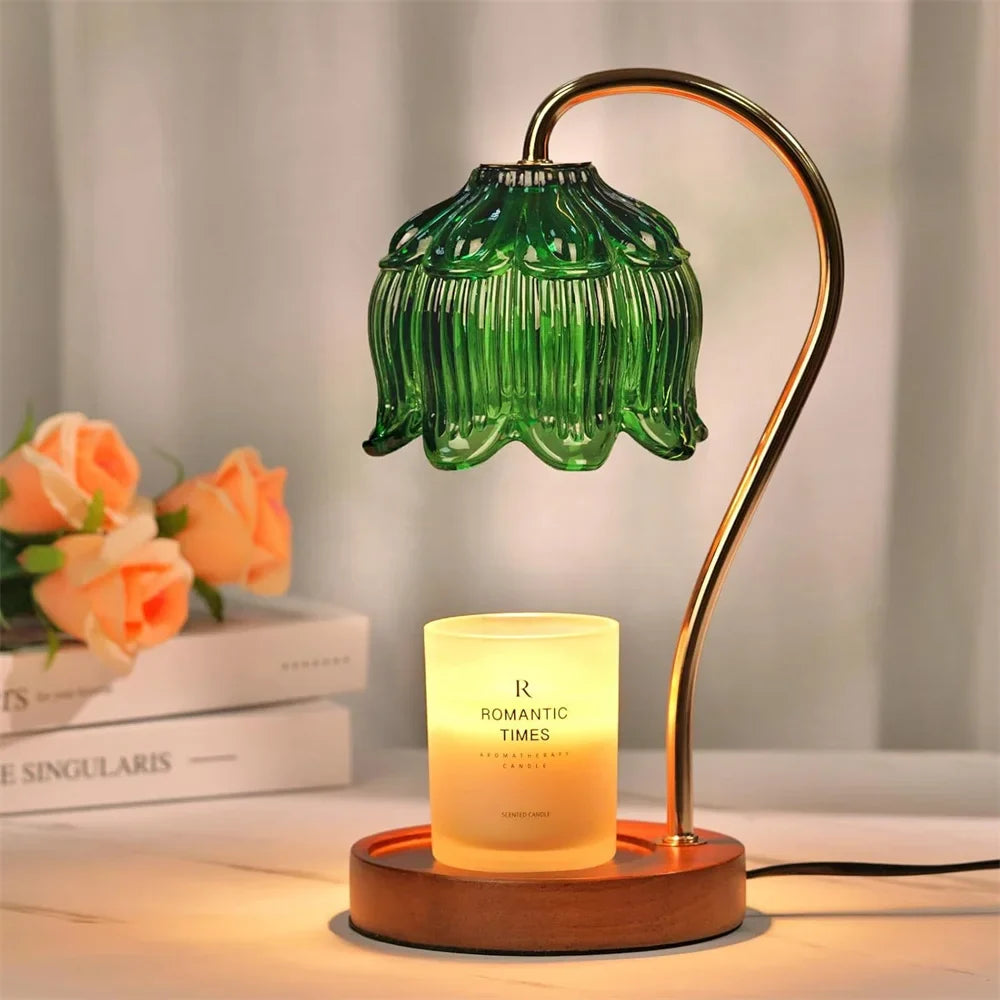 Candle Warmer Lamp – Retro Glass Shade, Wood Base