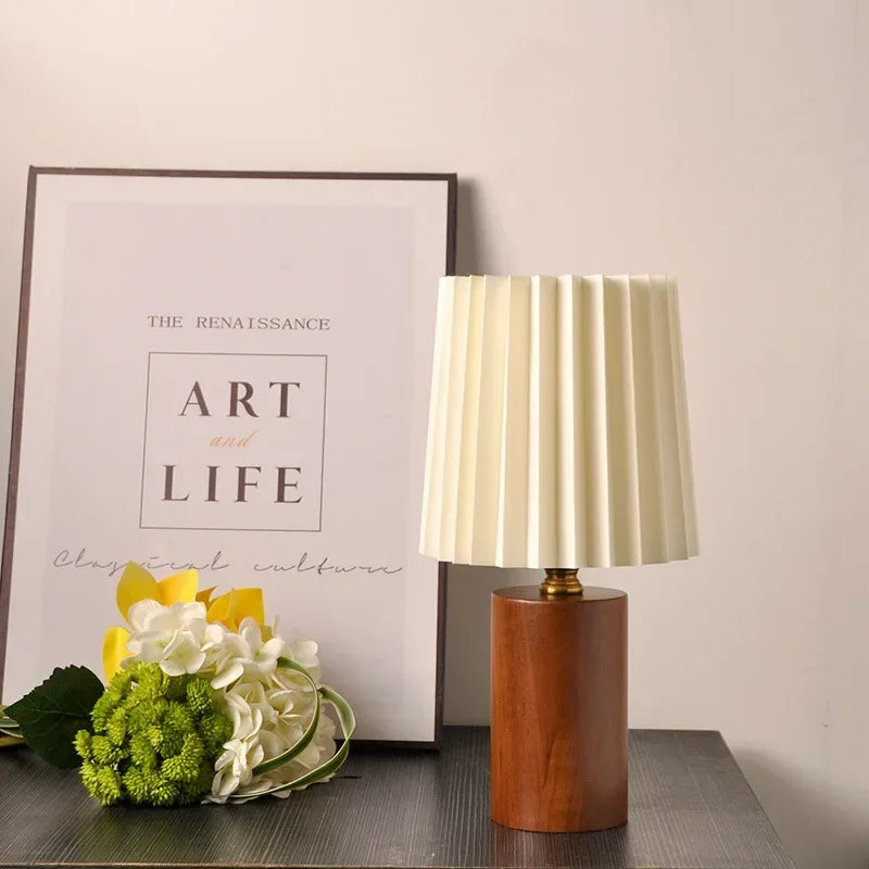 Pleated Table Lamp – Nordic Wood Base Bedside Light