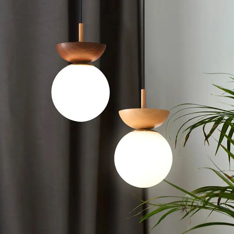 Glass Ball Ceiling Light – Nordic Wood Finish Pendant