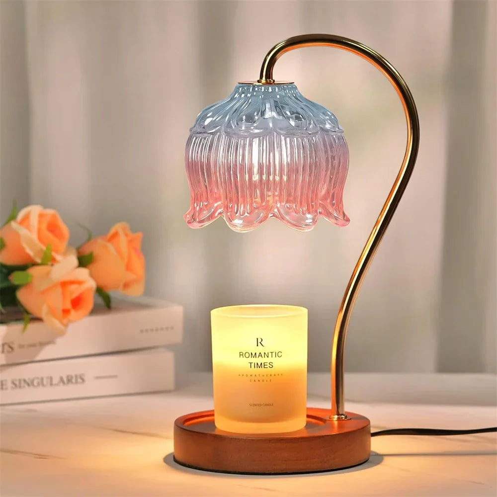 Candle Warmer Lamp – Retro Glass Shade, Wood Base
