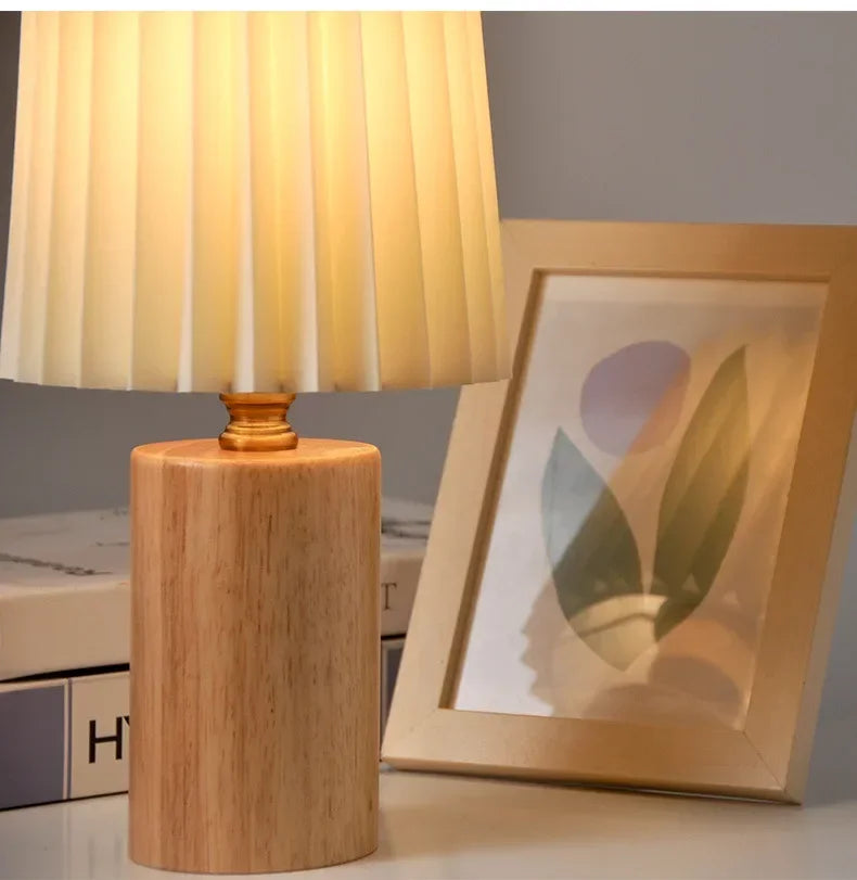 Pleated Table Lamp – Nordic Wood Base Bedside Light