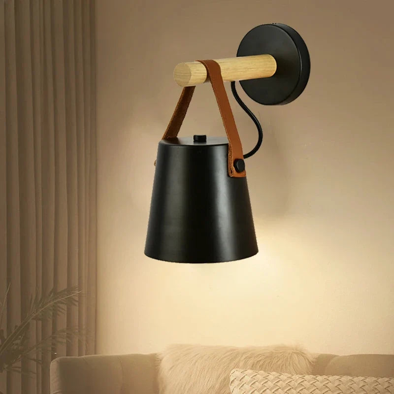 Wood & Leather Wall Lamp – Hanging Bedside Sconce