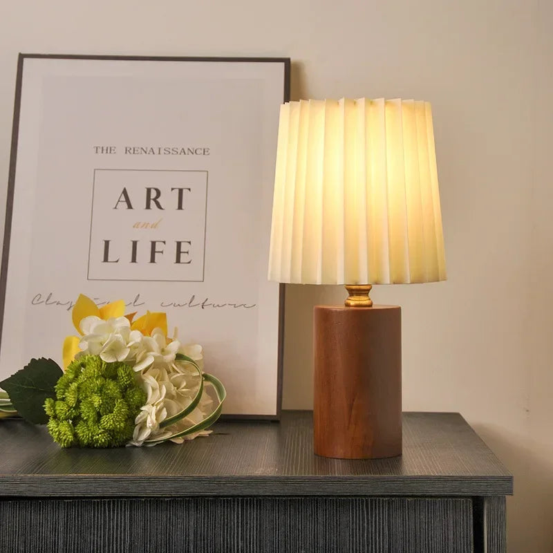 Pleated Table Lamp – Nordic Wood Base Bedside Light