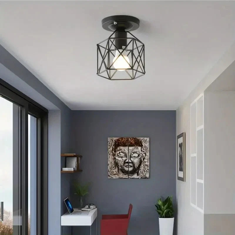 Gold Ceiling Light – Geometric Metal Cage Fixture