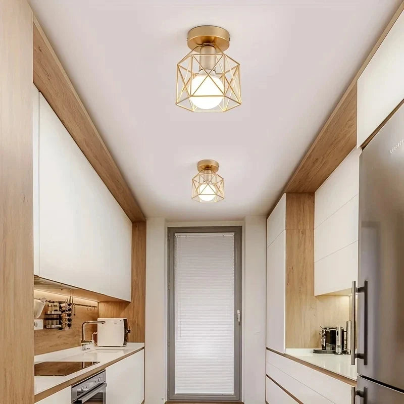 Gold Ceiling Light – Geometric Metal Cage Fixture