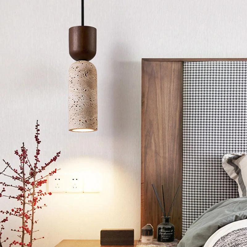Travertine Pendant Light – Wabi-Sabi Wood Bedside Lamp
