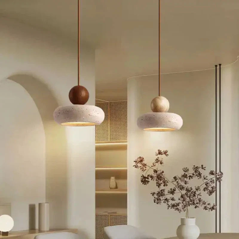 Stone & Wood Pendant Light – Minimalist Hanging Lamp