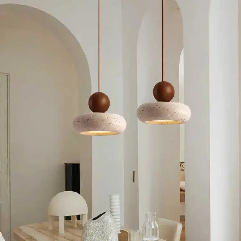 Stone & Wood Pendant Light – Minimalist Hanging Lamp