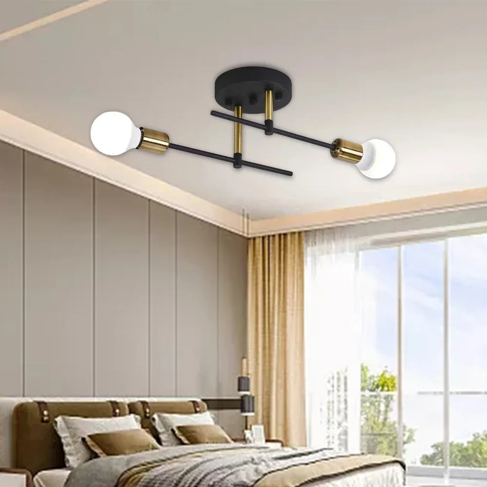 2-Light Ceiling Lamp – Black & Gold Flush Mount Chandelier