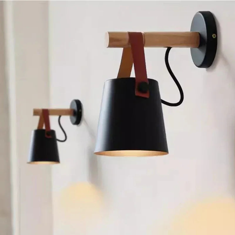 Wood & Leather Wall Lamp – Hanging Bedside Sconce