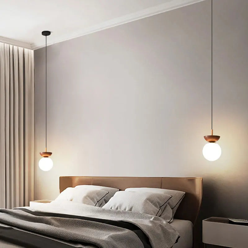 Glass Ball Ceiling Light – Nordic Wood Finish Pendant