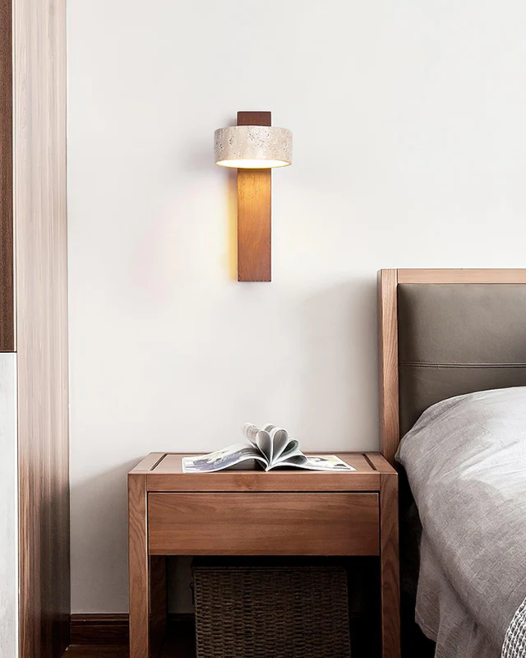 Travertine Wall Lamp – Stone & Wood Sconce