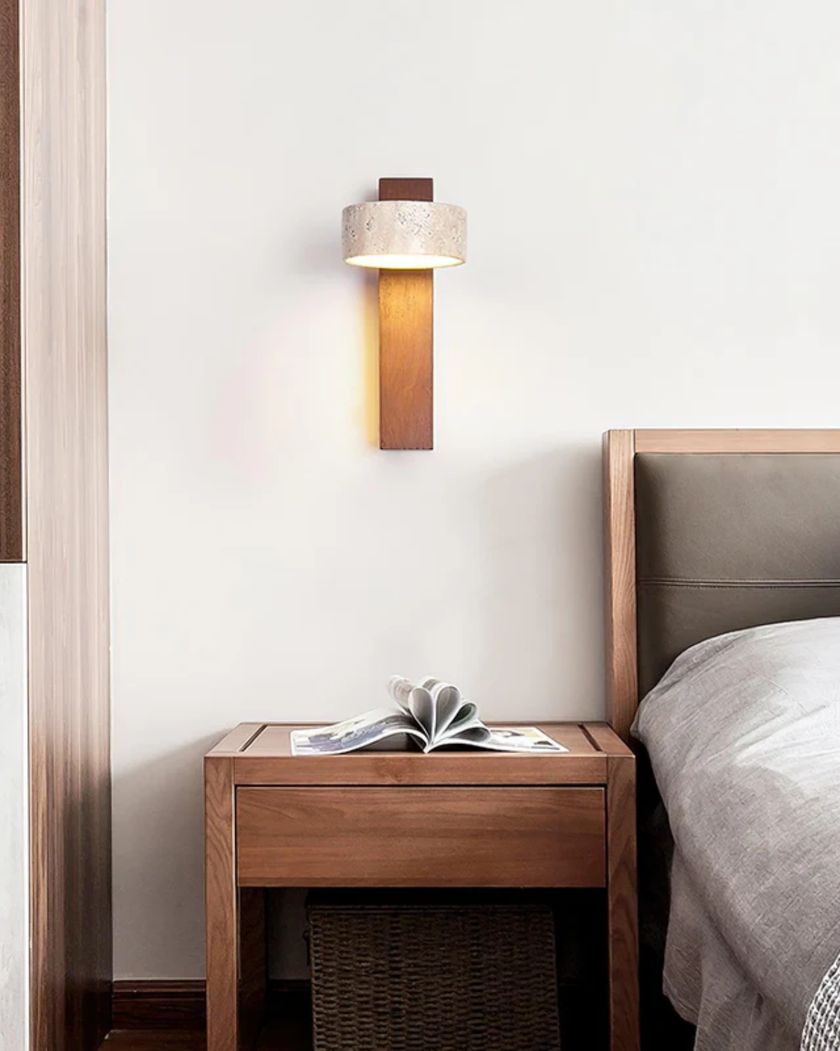 Travertine Wall Lamp – Stone & Wood Sconce