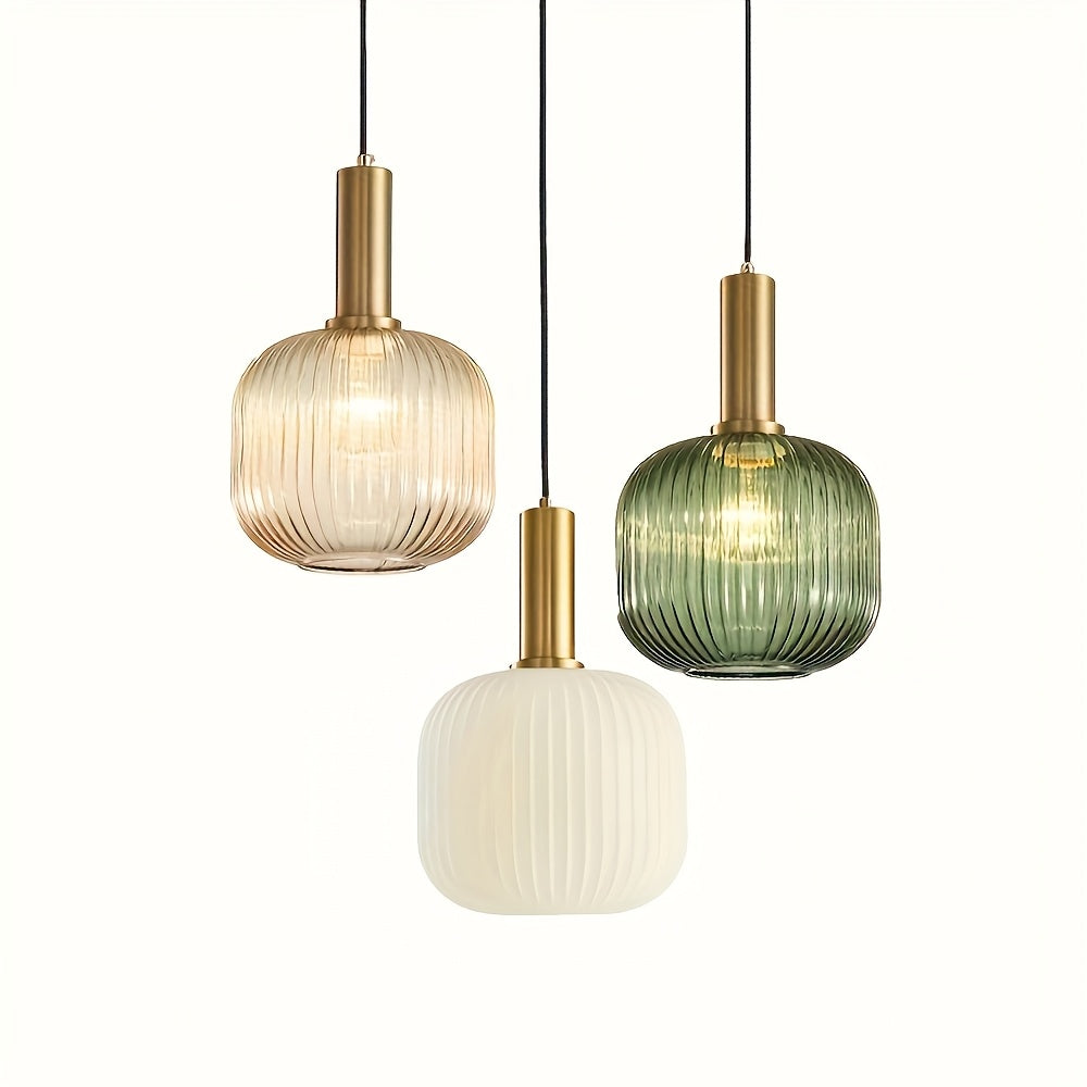 Striped Glass Pendant Light – Brass & Ribbed Shade