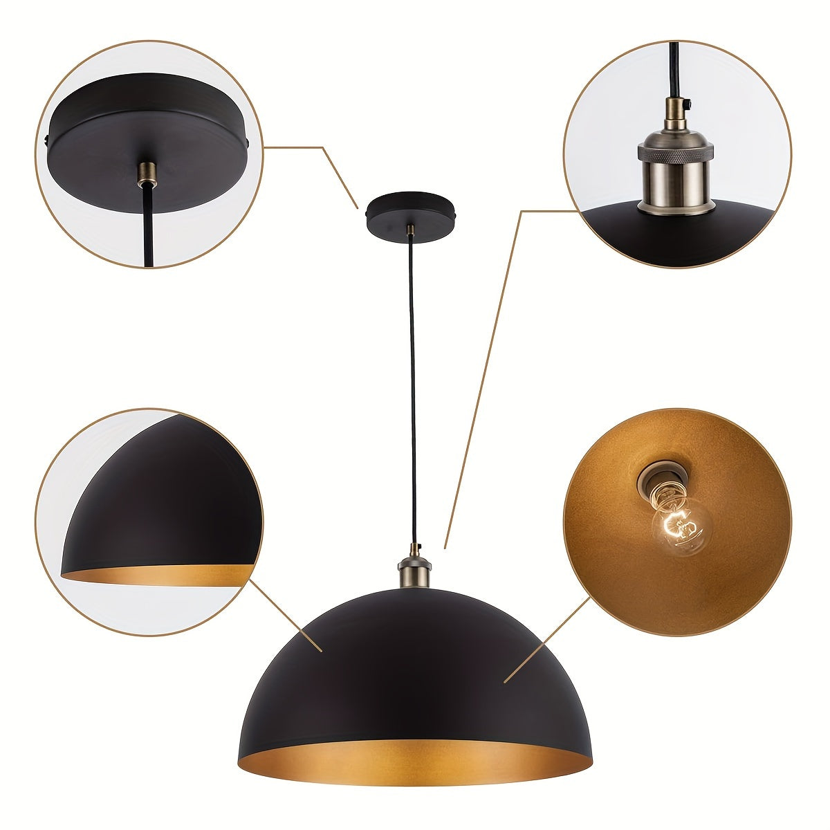 Dome Pendant Light – Black & Gold Industrial Shade