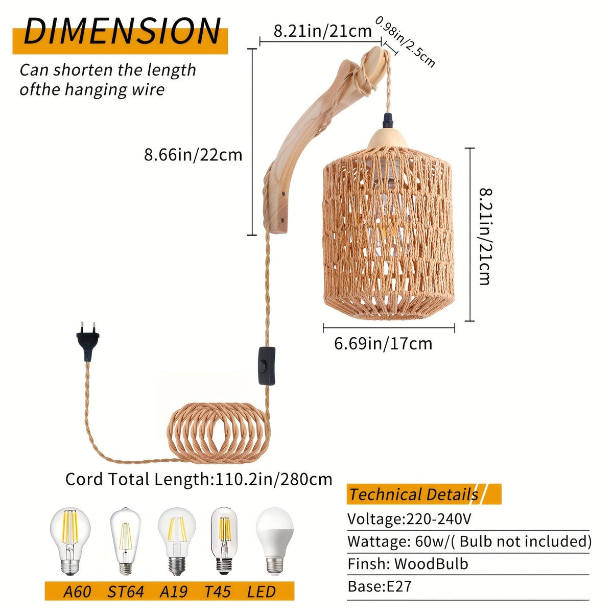 Wood & Rattan Wall Lamp – Hand-Woven Plug-In Sconce