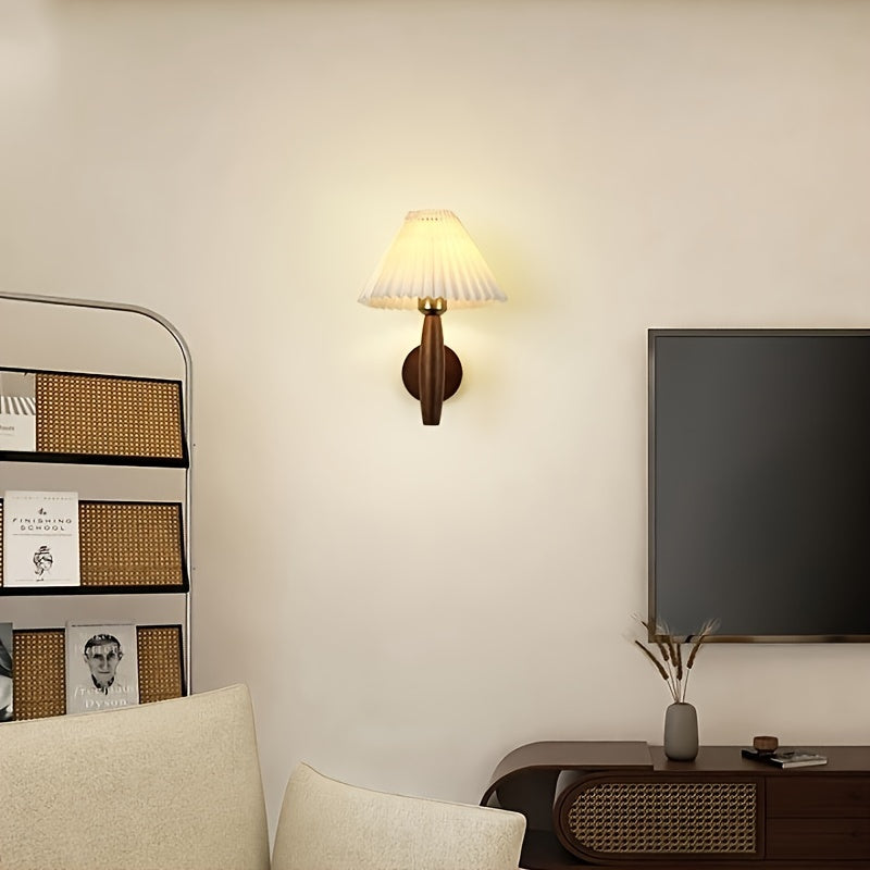 Wooden Wall Sconce – Pleated Shade Bedside Lamp