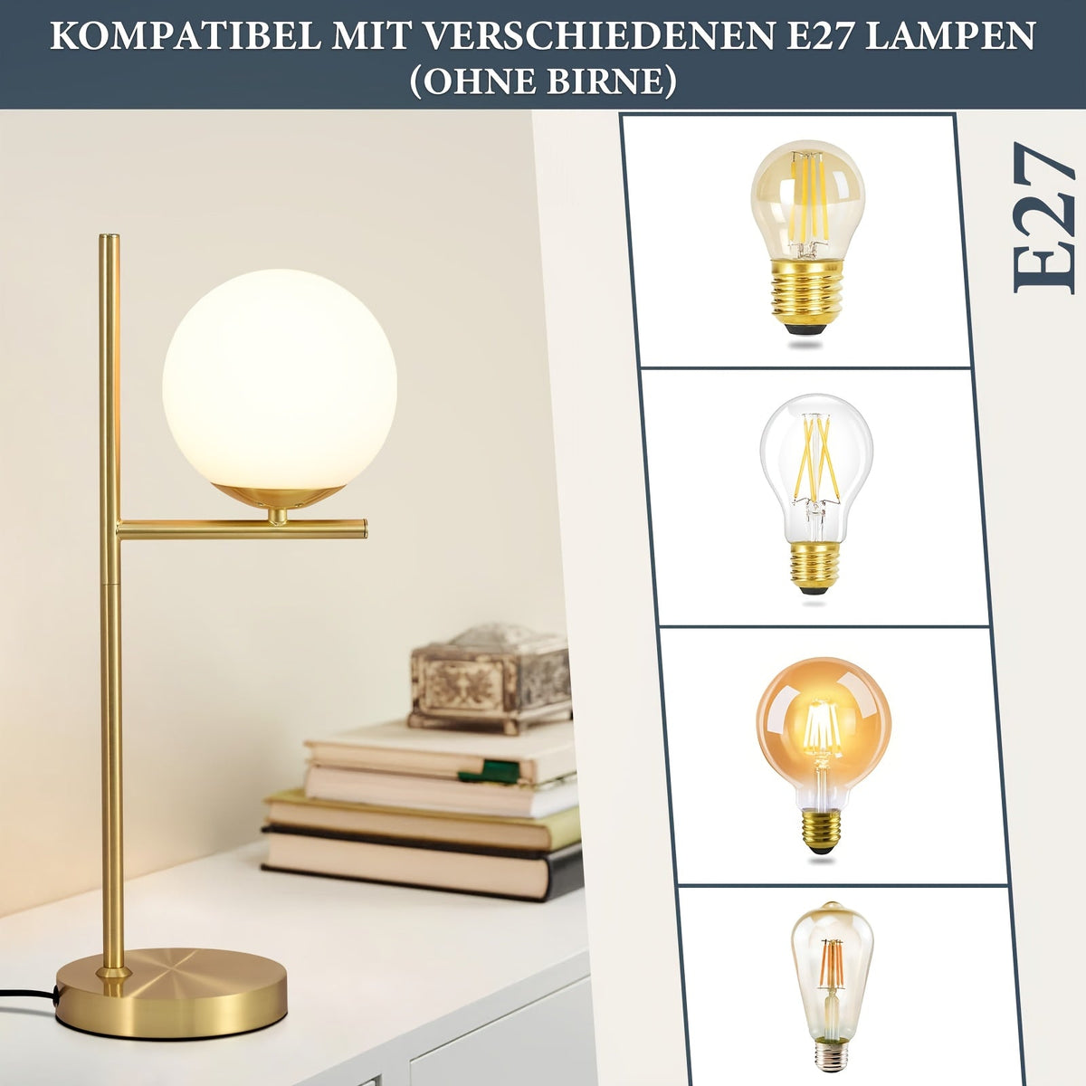 Gold Table Lamp – White Glass Globe Bedside Light
