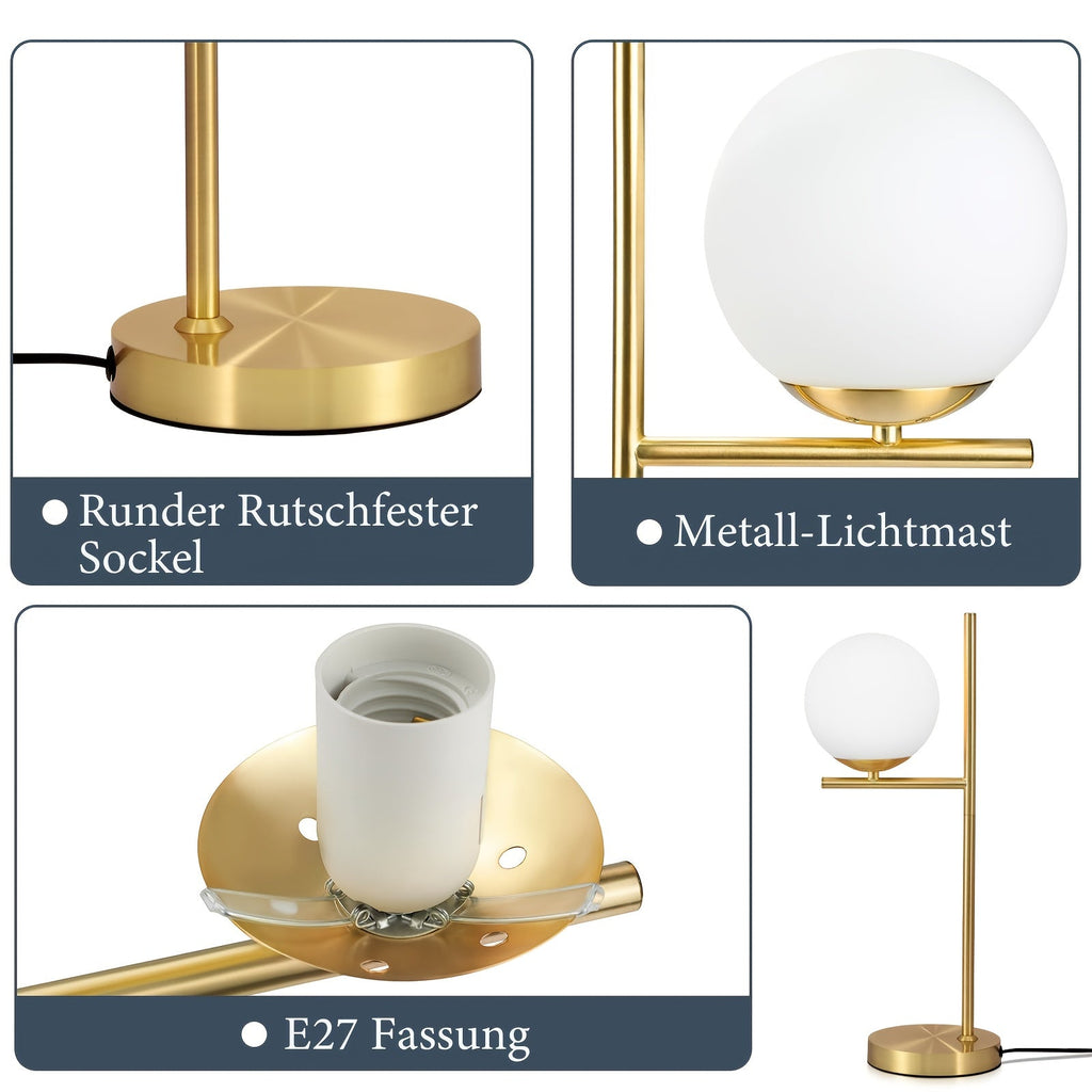 Gold Table Lamp – White Glass Globe Bedside Light