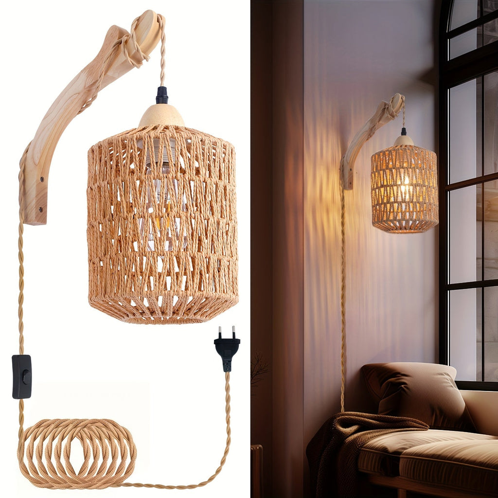 Wood & Rattan Wall Lamp – Hand-Woven Plug-In Sconce